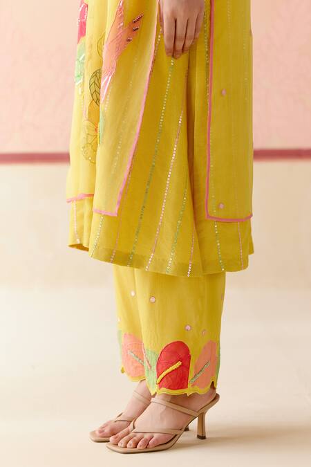 Buy_I Am Design_Mustard Silk Organza Applique, Embroidery Round Neck Suit Set With Work _Online_at_Aza_Fashions