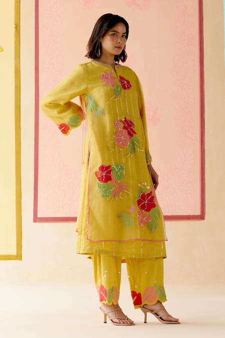 I Am Design Mustard Suit Set with Applique Work 