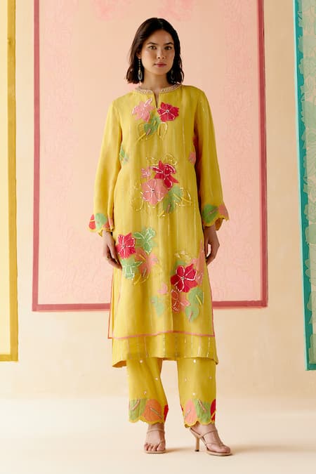 I AM Design Mustard Suit Set with Applique Work 