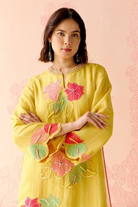 Shop_I Am Design_Mustard Silk Organza Applique, Embroidery Round Neck Suit Set With Work _Online_at_Aza_Fashions