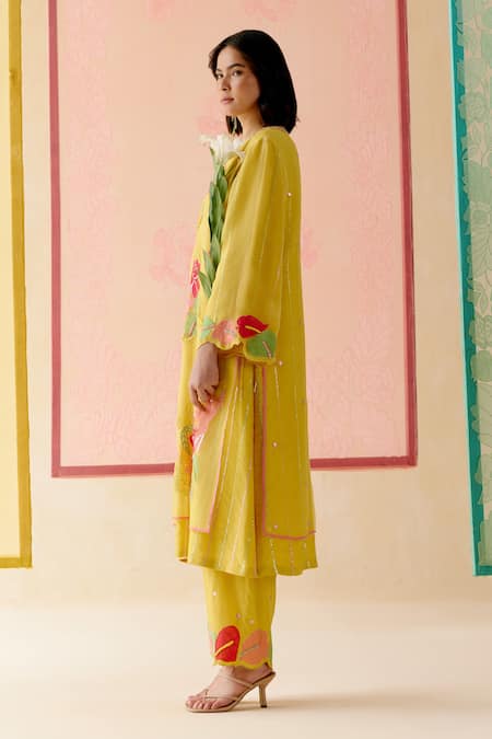 I Am Design_Mustard Silk Organza Applique, Embroidery Round Neck Suit Set With Work _at_Aza_Fashions