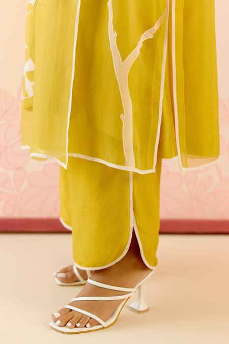 I Am Design_Mustard Silk Organza Applique, Embroidery Round Neck Suit Set With Work _Online_at_Aza_Fashions