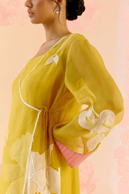 Buy_I Am Design_Mustard Silk Organza Applique, Embroidery Round Neck Suit Set With Work _Online_at_Aza_Fashions