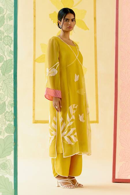Shop_I Am Design_Mustard Silk Organza Applique, Embroidery Round Neck Suit Set With Work _Online_at_Aza_Fashions