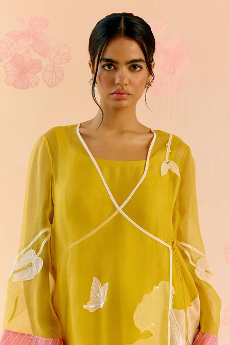 I Am Design_Mustard Silk Organza Applique, Embroidery Round Neck Suit Set With Work _at_Aza_Fashions