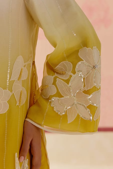 Buy_I Am Design_Mustard Silk Organza Applique, Sequins, Embroidery Round Neck Ombre Suit Set _Online_at_Aza_Fashions