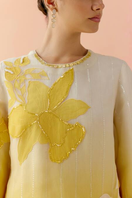 I Am Design_Mustard Silk Organza Applique, Sequins, Embroidery Round Neck Ombre Suit Set _at_Aza_Fashions