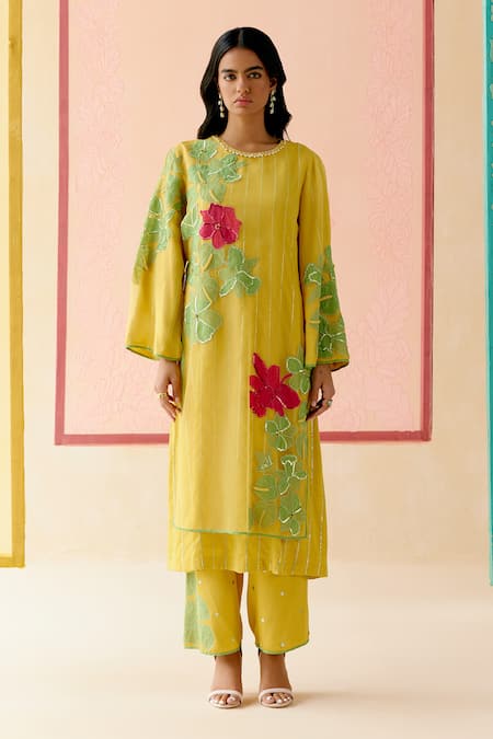 I AM Design Mustard Silk Organza Applique, Embroidery Round Neck Work Suit Set 