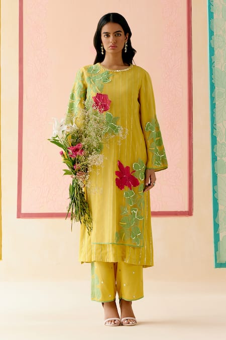 I Am Design_Mustard Silk Organza Applique, Embroidery Round Neck Work Suit Set _Online_at_Aza_Fashions
