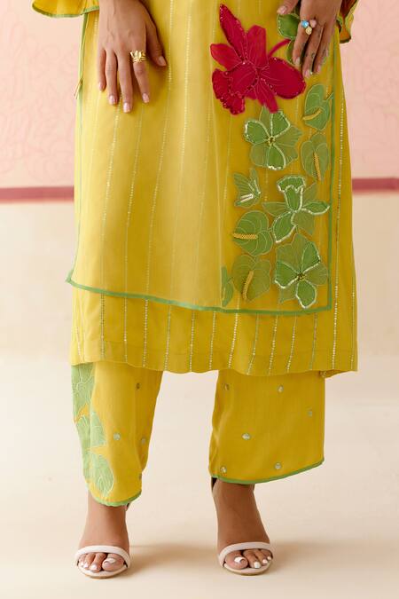 Buy_I Am Design_Mustard Silk Organza Applique, Embroidery Round Neck Work Suit Set _Online_at_Aza_Fashions