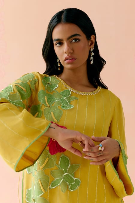 Shop_I Am Design_Mustard Silk Organza Applique, Embroidery Round Neck Work Suit Set _Online_at_Aza_Fashions