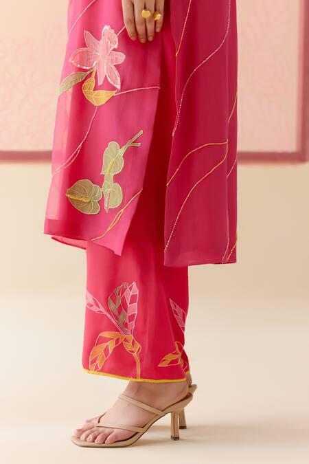 I Am Design_Pink Silk Organza Applique, Embroidery, Sequins Round Neck Hot Work Suit Set _Online_at_Aza_Fashions