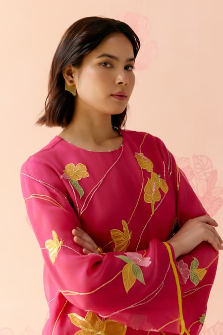 Buy_I Am Design_Pink Silk Organza Applique, Embroidery, Sequins Round Neck Hot Work Suit Set _Online_at_Aza_Fashions