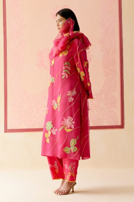 Shop_I Am Design_Pink Silk Organza Applique, Embroidery, Sequins Round Neck Hot Work Suit Set _Online_at_Aza_Fashions