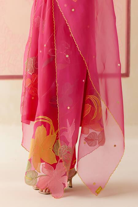 I Am Design_Pink Silk Organza Applique, Embroidery, Sequins Round Neck Hot Work Suit Set _at_Aza_Fashions