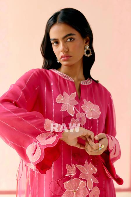 Buy_I Am Design_Pink Silk Organza Applique, Embroidery Round Neck Hot Suit Set With Mustard _Online_at_Aza_Fashions