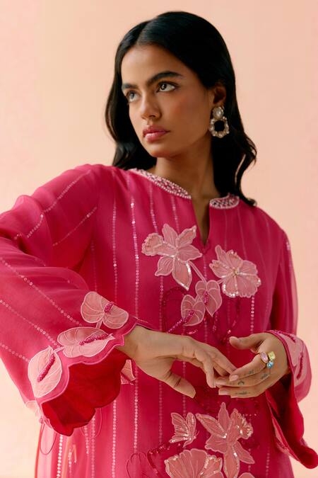 Shop_I Am Design_Pink Silk Organza Applique, Embroidery Round Neck Hot Suit Set With Mustard _Online_at_Aza_Fashions