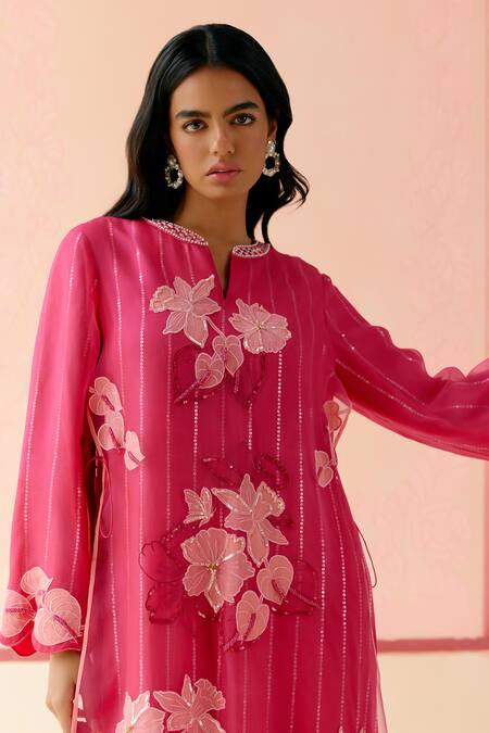 I Am Design_Pink Silk Organza Applique, Embroidery Round Neck Hot Suit Set With Mustard _at_Aza_Fashions
