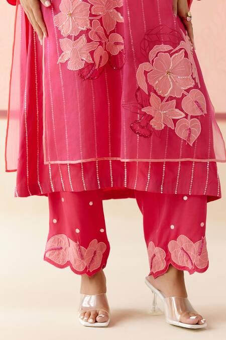 Buy_I Am Design_Pink Silk Organza Applique, Embroidery Round Neck Hot Suit Set With Mustard 