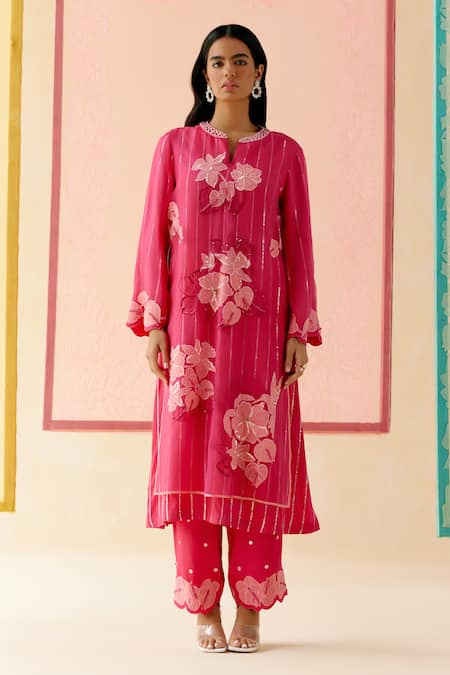 I AM Design Hot Pink Suit Set with Mustard Applique 