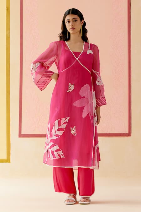 I AM Design Pink Silk Organza Applique, Embroidery Square Neck Hot Angrakha Set With Work 