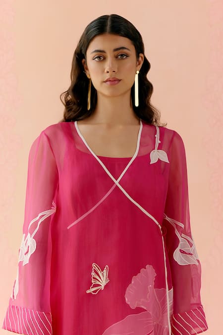 Buy_I Am Design_Pink Silk Organza Applique, Embroidery Square Neck Hot Angrakha Set With Work _Online_at_Aza_Fashions