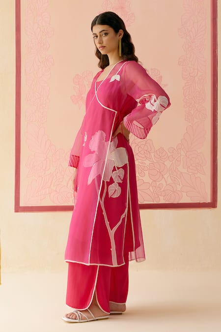 Shop_I Am Design_Pink Silk Organza Applique, Embroidery Square Neck Hot Angrakha Set With Work _Online_at_Aza_Fashions