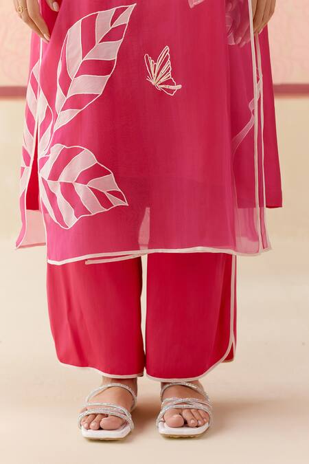 I Am Design_Pink Silk Organza Applique, Embroidery Square Neck Hot Angrakha Set With Work _at_Aza_Fashions