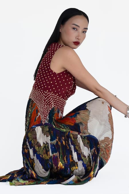 Shop Amka Multi Color Silk Embroidery Round Neck Mosaic Hand Designer Dress Online at Aza Fashions Shop_Amka_Multi Color Silk Embroidery Round Neck Mosaic Hand Designer Dress _Online_at_Aza_Fashions