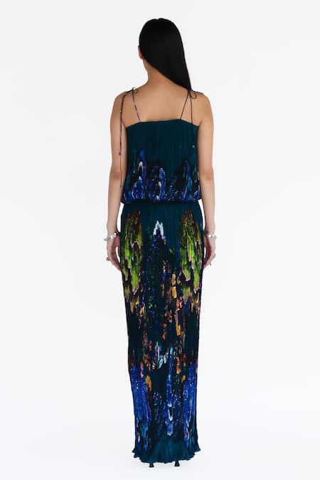 Shop Amka Blue Silk Midnight Designer Blouse And Skirt Set at Aza Fashions Shop_Amka_Blue Silk Midnight Designer Blouse And Skirt Set _at_Aza_Fashions