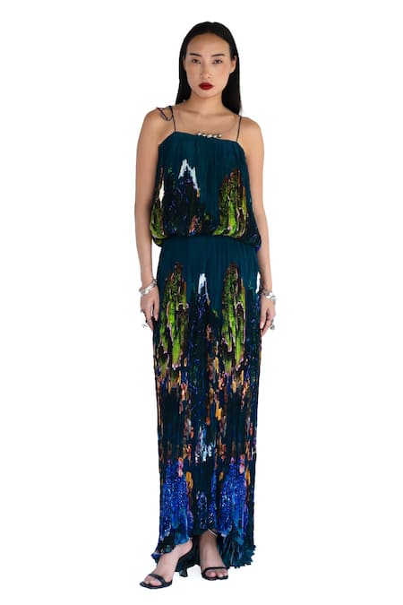 Amka Blue Silk Midnight Designer Blouse And Skirt Set Online at Aza Fashions Amka_Blue Silk Midnight Designer Blouse And Skirt Set _Online_at_Aza_Fashions