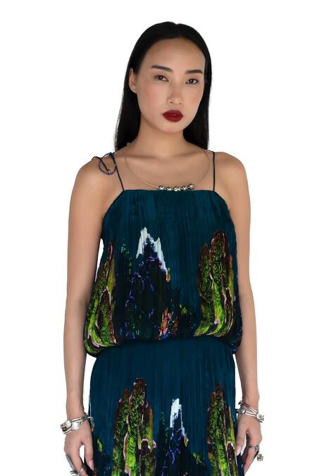 Shop Amka Blue Silk Midnight Designer Blouse And Skirt Set Online at Aza Fashions Shop_Amka_Blue Silk Midnight Designer Blouse And Skirt Set _Online_at_Aza_Fashions