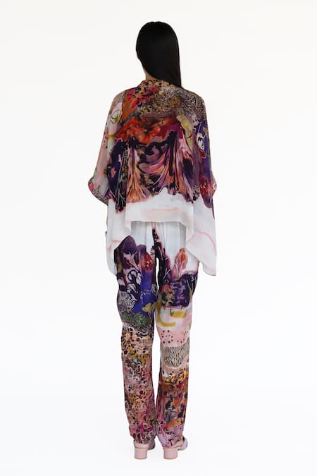 Shop Amka Pink Silk Embroidery V-, Open Rose Designer Top Pant Jacket Set at Aza Fashions Shop_Amka_Pink Silk Embroidery V-, Open Rose Designer Top Pant Jacket Set _at_Aza_Fashions