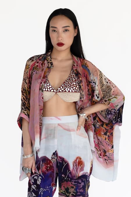 Buy Amka Pink Silk Embroidery V-, Open Rose Designer Top Pant Jacket Set Online at Aza Fashions Buy_Amka_Pink Silk Embroidery V-, Open Rose Designer Top Pant Jacket Set _Online_at_Aza_Fashions