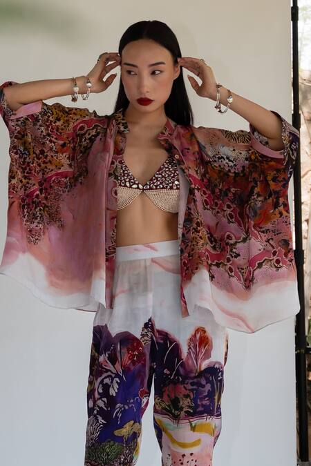 Amka Pink Silk Embroidery V-, Open Rose Designer Top Pant Jacket Set at Aza Fashions Amka_Pink Silk Embroidery V-, Open Rose Designer Top Pant Jacket Set _at_Aza_Fashions