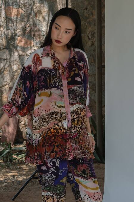 Amka Pink Silk Collared Rose Designer Shirt And Pant Set at Aza Fashions Amka_Pink Silk Collared Rose Designer Shirt And Pant Set _at_Aza_Fashions