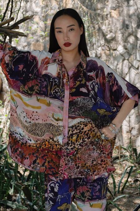 Buy Amka Pink Silk Collared Rose Designer Shirt And Pant Set Buy_Amka_Pink Silk Collared Rose Designer Shirt And Pant Set