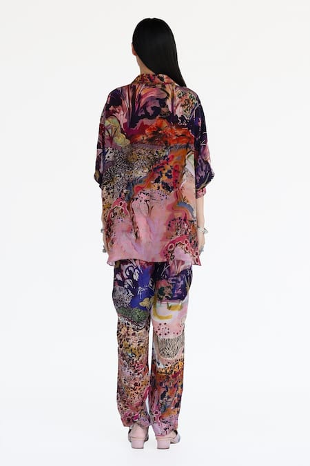 Shop Amka Pink Silk Collared Rose Designer Shirt And Pant Set at Aza Fashions Shop_Amka_Pink Silk Collared Rose Designer Shirt And Pant Set _at_Aza_Fashions