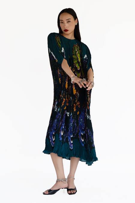 Shop_Amka_Blue Silk Round Neck Midnight Floral Kaftan _Online_at_Aza_Fashions