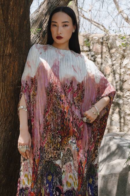 Amka_Pink Silk Round Neck Designer Bloom Kaftan _at_Aza_Fashions