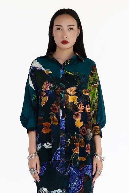 Shop_Amka_Blue Silk Collared Midnight Printed Pant Set _Online_at_Aza_Fashions