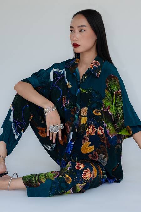 Amka_Blue Silk Collared Midnight Printed Pant Set _at_Aza_Fashions