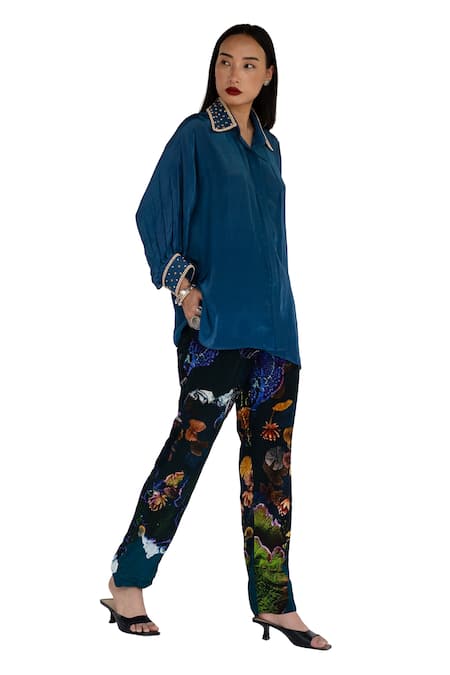 Amka_Blue Silk Embroidery, Studs Collared Midnight Shirt And Pant Set _Online_at_Aza_Fashions