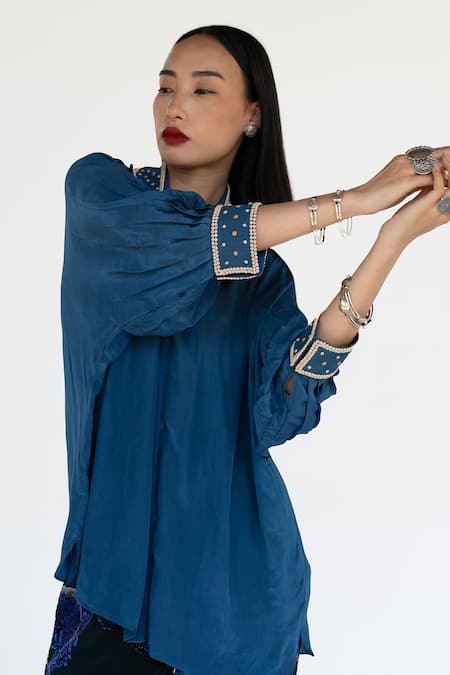Shop_Amka_Blue Silk Embroidery, Studs Collared Midnight Shirt And Pant Set _Online_at_Aza_Fashions