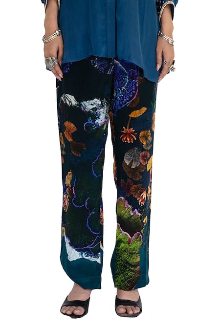 Amka_Blue Silk Embroidery, Studs Collared Midnight Shirt And Pant Set _at_Aza_Fashions