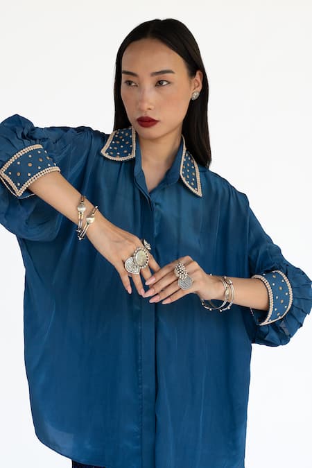 Buy_Amka_Blue Silk Embroidery, Studs Collared Midnight Shirt And Pant Set 