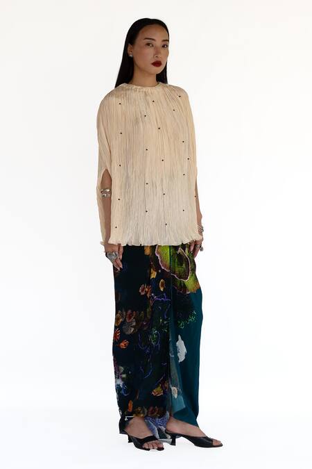 Amka_Ivory Silk Sequins Round Neck Pleated Top And Midnight Blue Skirt _Online_at_Aza_Fashions