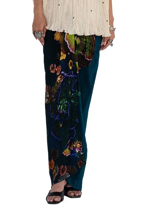 Buy_Amka_Ivory Silk Sequins Round Neck Pleated Top And Midnight Blue Skirt _Online_at_Aza_Fashions