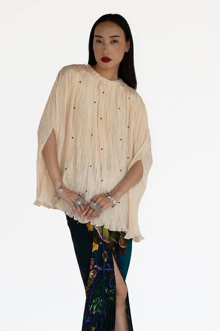 Shop_Amka_Ivory Silk Sequins Round Neck Pleated Top And Midnight Blue Skirt _Online_at_Aza_Fashions