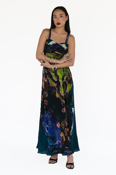 Amka_Blue Silk Embroidery Square Neck Midnight Designer Dress _Online_at_Aza_Fashions